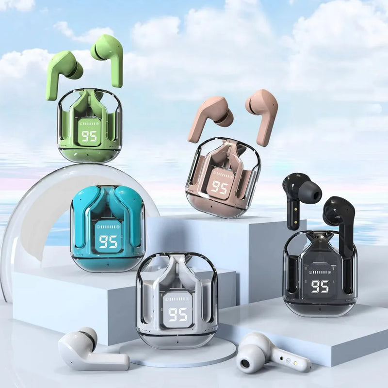 Fones de Ouvido Esportivos TWS Air – Bluetooth 5.0 HiFi, Design Transparente, Conforto e Estilo para Treinos e Uso Diário