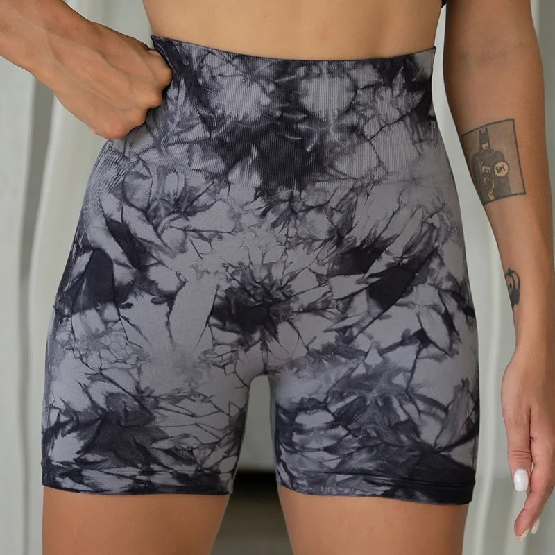 Shorts Femininos Cintura Alta – Levantamento de Bumbum, Sem Costura, Tie Dye, Moda Fitness, Academia, Treino, Corrida