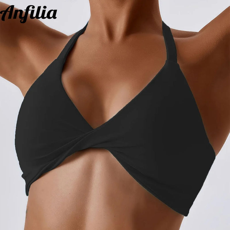 Sutiã Esportivo Feminino ANFILIA – Suporte Elevado, Gola Alta, Alças Cruzadas, Acolchoamento Removível, Conforto e Estilo para Treino e Corrida