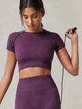 Camiseta Esportiva Feminina Sem Costura – Manga Curta para Yoga, Corrida e Academia, Roupa Fitness Confortável e Respirável