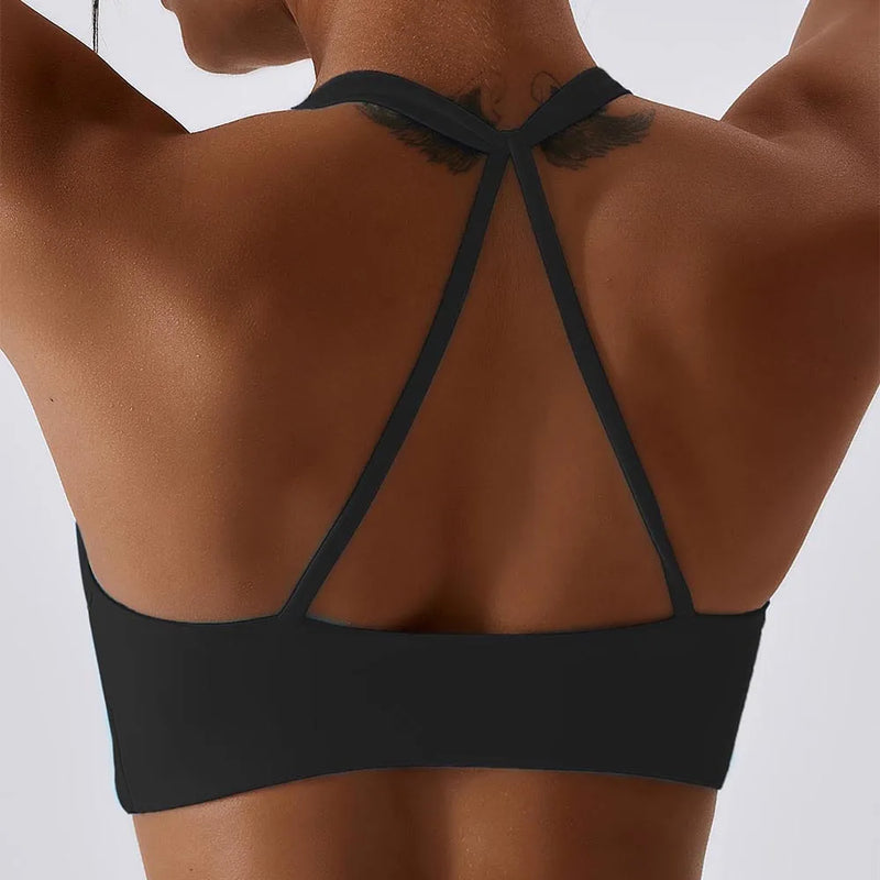 Sutiã Esportivo Feminino ANFILIA – Suporte Elevado, Gola Alta, Alças Cruzadas, Acolchoamento Removível, Conforto e Estilo para Treino e Corrida