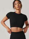 Camiseta Esportiva Feminina Sem Costura – Manga Curta para Yoga, Corrida e Academia, Roupa Fitness Confortável e Respirável