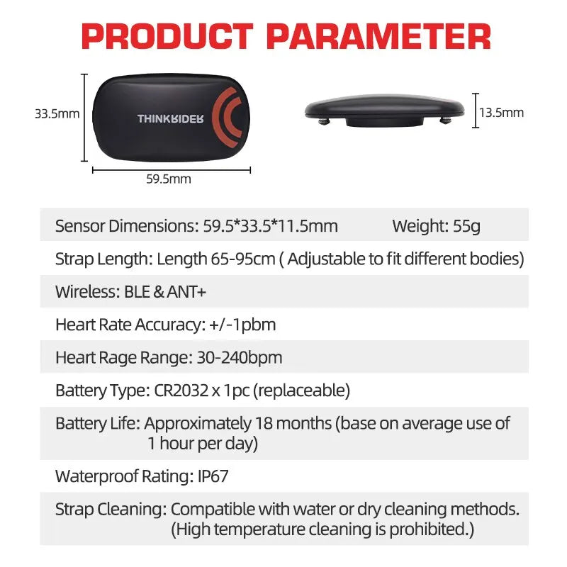 Cinta peitoral para monitor de frequência cardíaca ThinkRider, ANT+ BLE 4.0 Sensor fitness